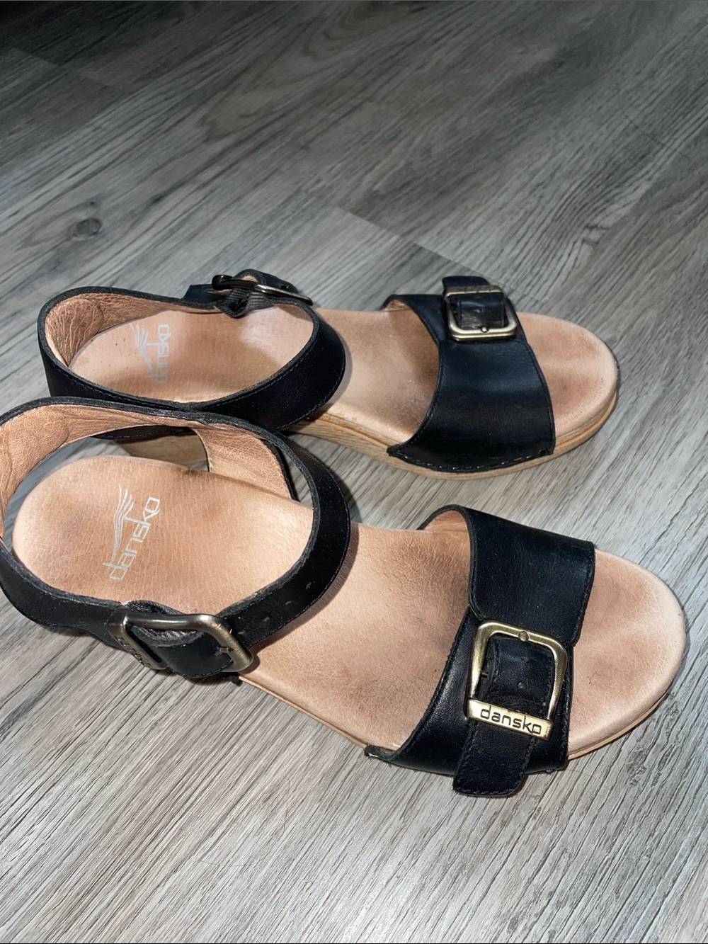 Dansko Black Leather Two-Strap Buckle Sandals